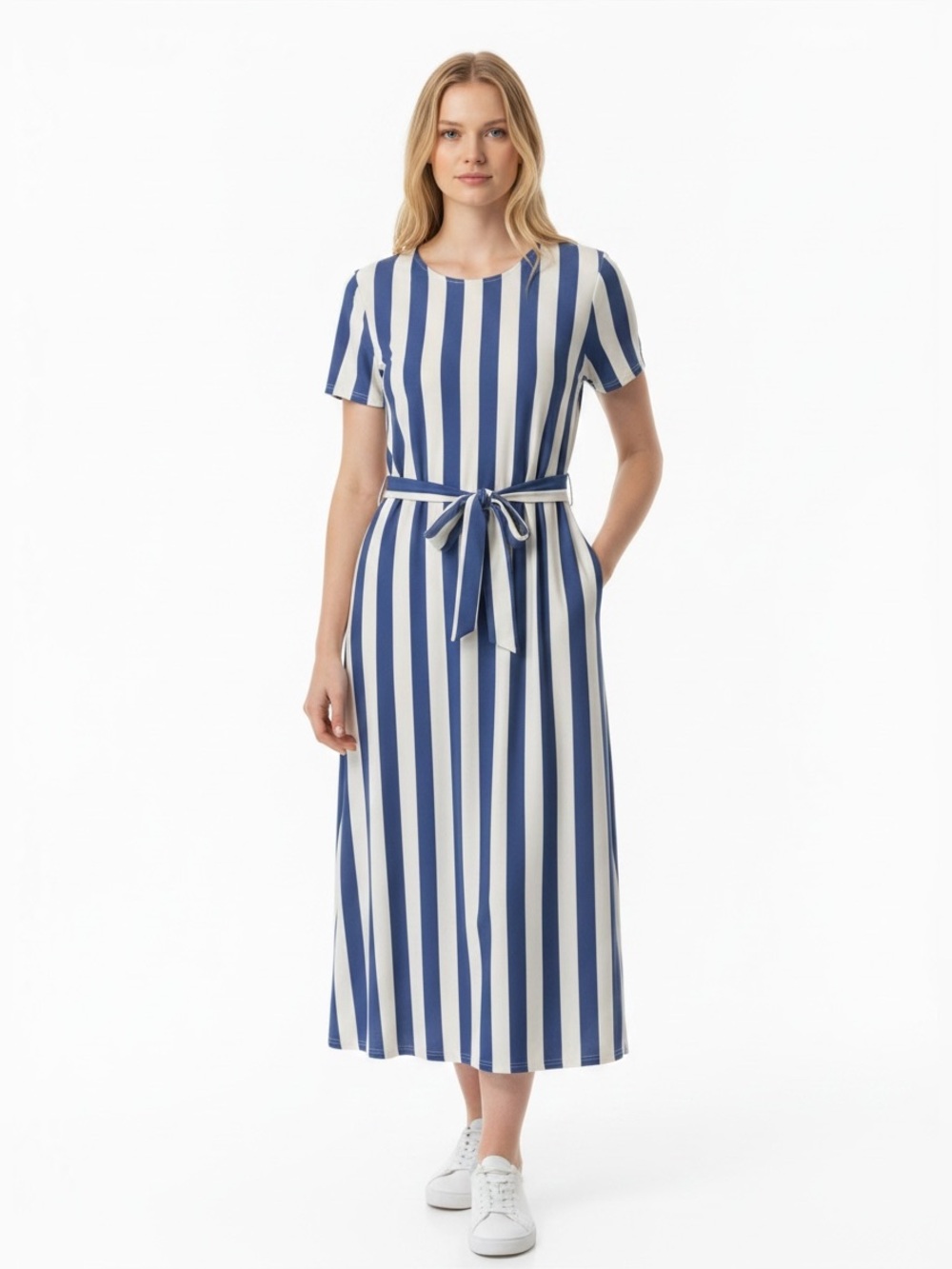 Blue White Striped Tie Waist Midi Dress Size Large
